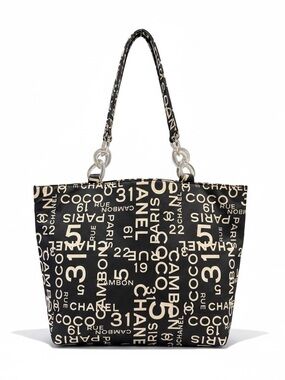 CHANEL Black Canvas Logo Print Tote with Ivory Accents